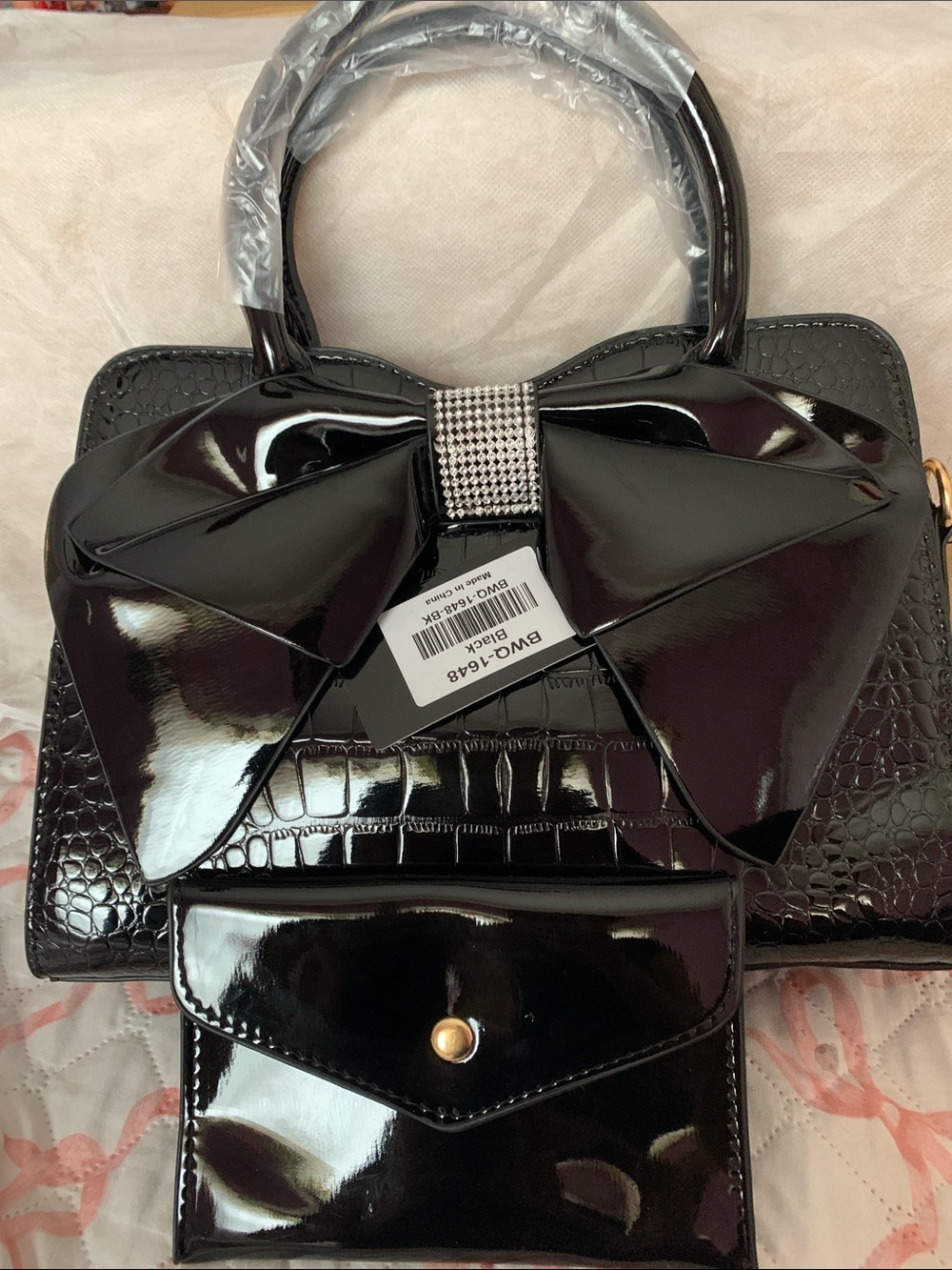 Black Patent Bow Satchel Handbag with Removable Wallet
